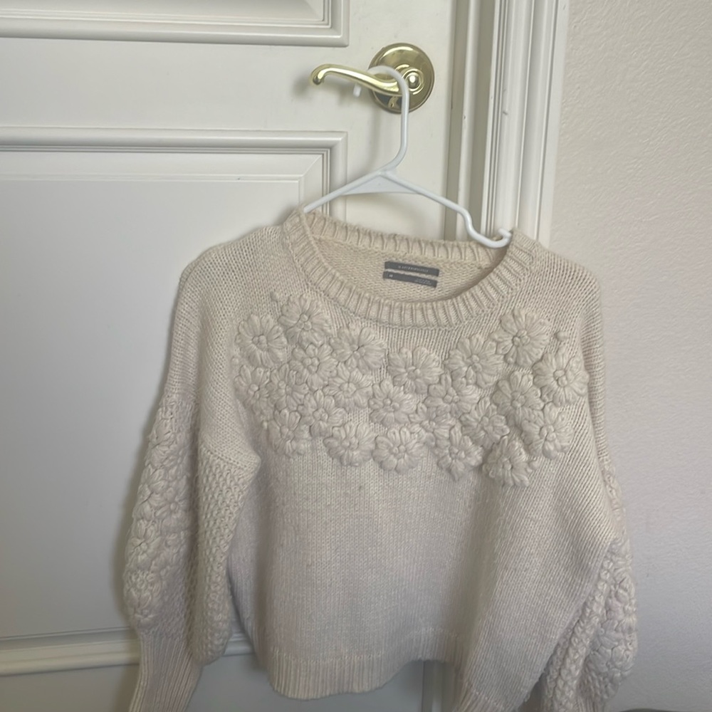 Anthropologie Knit Floral Cream Sweater